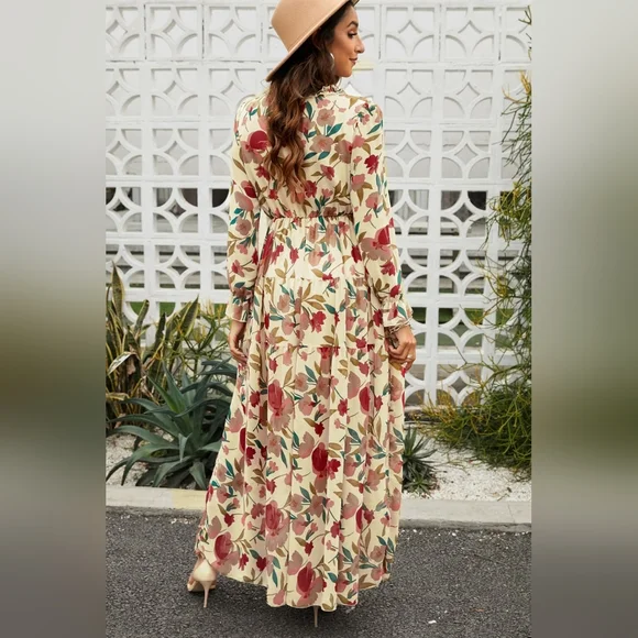 Retro Mix Floral Long Sleeve Ruffle Tiered Flowing V-neck Long Maxi Dress - Picture 2 of 10